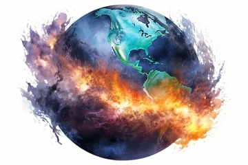 Fotobehang Eco-solution concept. Planet Earth with pollution, shows industrial pollution destroying the Earth. the smoke is black. industrial exhausts, fires  © PanArt