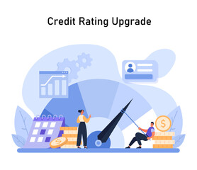 Visual representation of the effort to raise a credit score, with progress charts and financial growth symbols