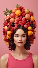 Fototapeta na wymiar A woman with a fruit and berry composition on her head against a pink background