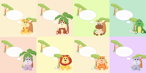 Frame and postcards with cute African animals: giraffe, crocodile, hippo, elephant, lion, monkey, zebra,tiger and rhinoceros. A banner with these animals and a frame for text or photos.