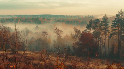 panoramic view of misty forest. far horizon. - retro, vintage style look