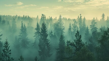 panoramic view of misty forest. far horizon. - retro, vintage style look