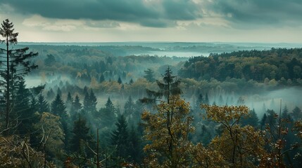 Obraz na płótnie Canvas panoramic view of misty forest. far horizon. - retro, vintage style look