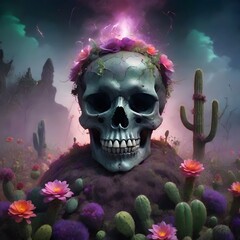 Surrounded by a desert landscape, a skull adorned with a floral crown and cacti sits under a twilight sky. The image blends themes of life, death, and rebirth in nature. AI generation