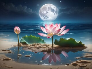 Lotus flower growing near SEA sand Full moon