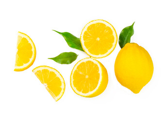 Fruit pattern of lemon slices isolated on a white background. Top view.