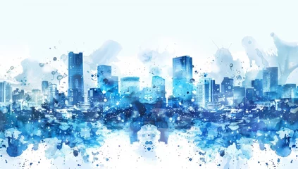 Fotobehang Aquarelschilderij wolkenkrabber  urban cities watercolor artwork blue city background Generative AI
