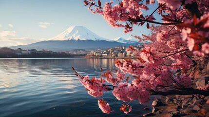 fuji 4 nights, 2 days tour, in the style of turquoise and crimson, cherry blossoms, grandiose cityscape views, orient-inspired, multilayered, cultural hybridity