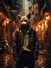 A coy coyote in a leather jacket and jeans, lost in the maze-like streets of the Old Quarter, Hanoi, Vietnam, with a map in hand