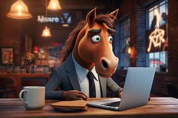 A gallant horse in a classy suit, looking worried while tracking stocks on his macbook in a coffee shop
