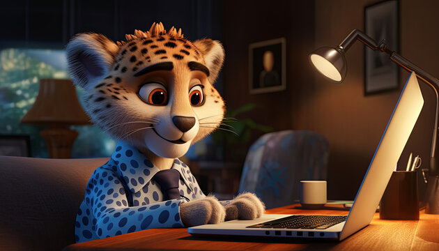A composed cheetah in a sleek suit, feeling nostalgic as he browses old photos on his laptop at home