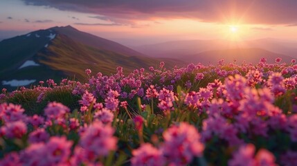 A serene landscape of the Siberian mountains, with Rhodiola rosea plants blooming on the rugged slopes, the scene bathed in the golden glow of the sunset