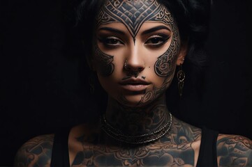 A woman with face tattoos showing various designs and patterns on a dark background.