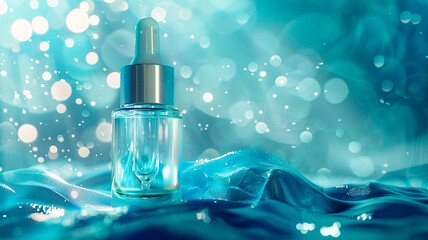 serum bottle and a glass on a tropical background. natural cosmetics.