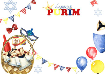 Obraz premium Purim carnival watercolor hand drawn elements isolated on white background. Happy Purim Judaism symbolism clip art.