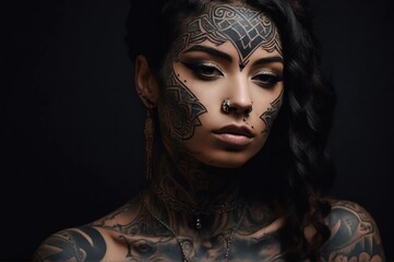 A woman with face tattoos showing various designs and patterns on a dark background.