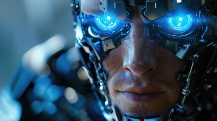 A medium shot of a cyborg with glowing blue eyes, set in a computerized environment of the future