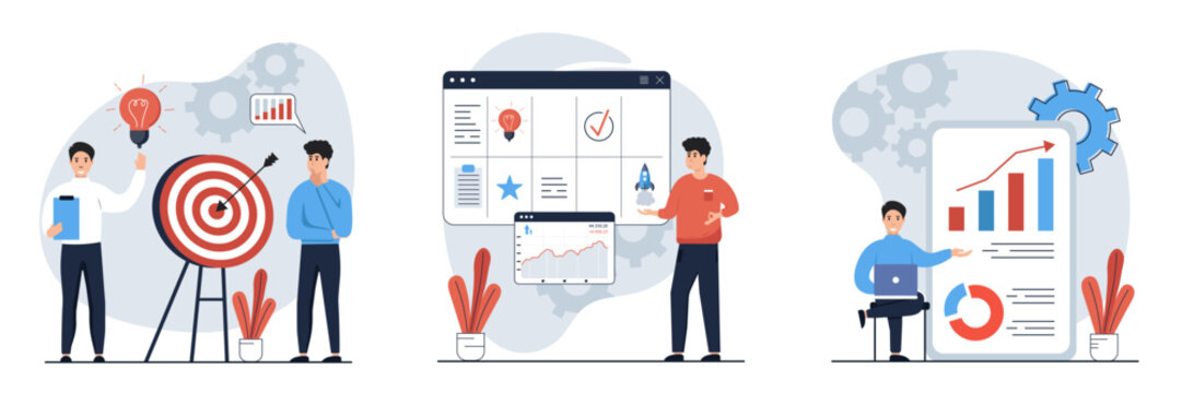 Strategic planning mega set. Bundle of scenes people analyze data statistics, create development plan, improving strategy, create new ideas and promote them. Vector illustrations 