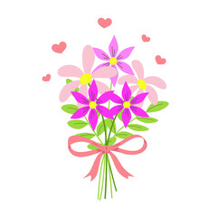 Beautiful spring flowers bouquet with bow, floral branches and green leaves. Multicolored blooming botanical element for designs. Flat vector illustration isolated