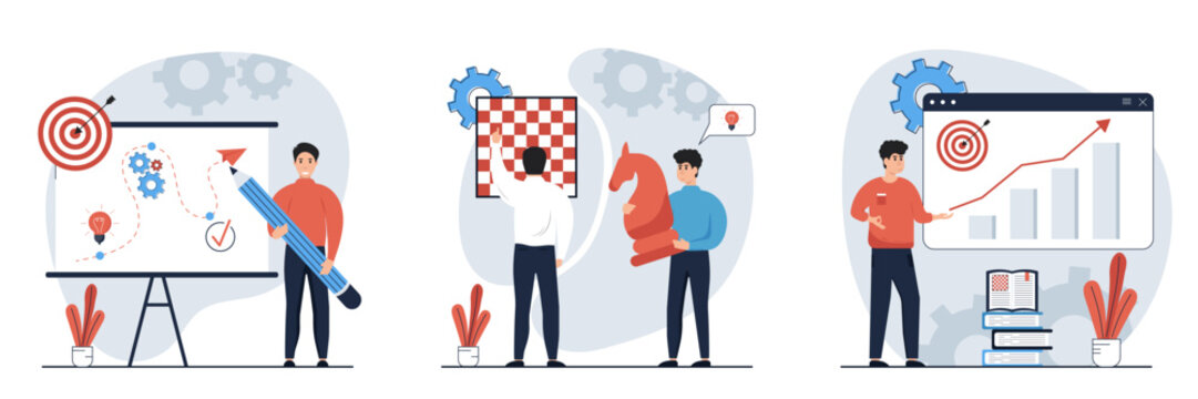 Strategic planning mega set. Bundle of scenes people analyze data statistics, create development plan, improving strategy, create new ideas and promote them. Vector illustrations 