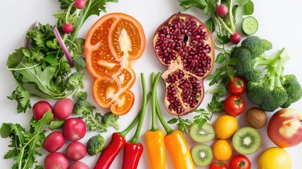 Brightly colored fruits and vegetables artfully organized in the shape of human lungs, symbolizing respiratory health and nutrition.
