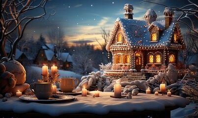 gingerbread house on a table next to christmas lights, in the style of light sky-blue and amber, digital manipulation, detailed backgrounds, villagecore, spatial, konica big mini - obrazy, fototapety, plakaty