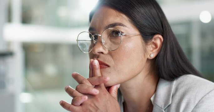 Business, woman and thinking with stress at company for job interview, recruitment or hiring news. Employee, professional person and anxiety at workplace for onboarding decision and waiting in lobby