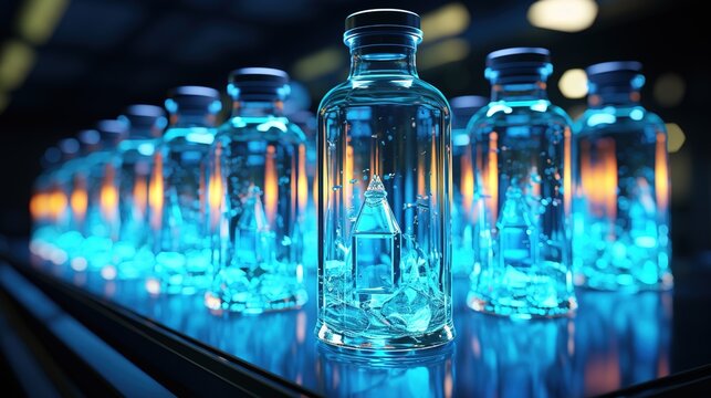 glass bottles in a laboratory, in the style of blurred imagery, photorealistic pastiche, uhd image, commission for, gray and azure