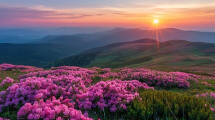 A serene landscape of the Siberian mountains, with Rhodiola rosea plants blooming on the rugged slopes, the scene bathed in the golden glow of the sunset