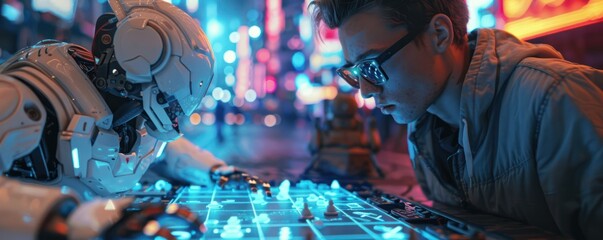 Close up A gamer and a robot side by side strategizing over a digital game board blending human intuition with AI logic