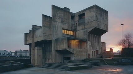 brutalist building at dusk, showcasing its raw concrete structure, geometric shapes and starkness of brutalist architecture