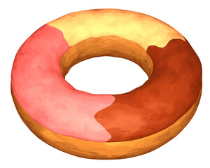 3d rendering of a donut with strawberry, chocolate, and vanilla cream.