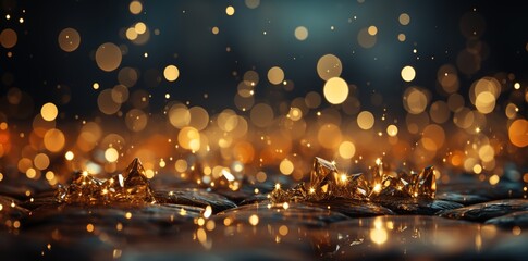 golden bokeh stars and confetti light effect background, in the style of spectacular backdrops, dark orange and gold, nocturne - obrazy, fototapety, plakaty