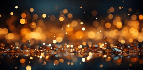 golden bokeh stars and confetti light effect background, in the style of spectacular backdrops, dark orange and gold, nocturne - obrazy, fototapety, plakaty