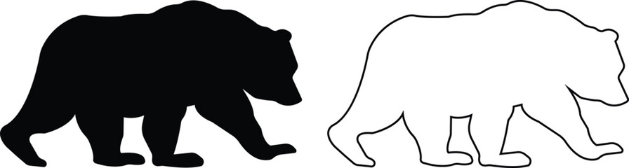 Various bear silhouettes icons set isolated on the transparent background. Bear animal collection, various poses and position black flat or line vector for zoo, wildlife, graphic, web and mobile app.