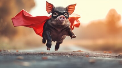 Superhero piggy, black pig with a black cloak and mask flying on light background with copy space.