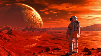 Papier Peint photo autocollant Rouge A lone astronaut steps forward on a rocky desert planet. Science fiction universe exploration. Future concept. Illustration for cover, card, postcard, interior design, poster, brochure or presentation