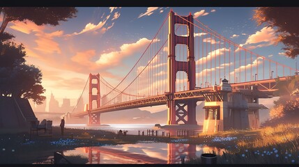 golden gate bridge with the sun rising on the sky at sunset, romantic riverscapes, photo-realistic hyperbole, ambitious, hyper-realistic water, dark white and light orange - obrazy, fototapety, plakaty