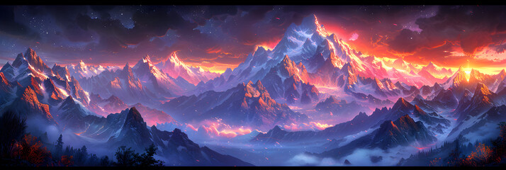Fototapeta na wymiar Snow-capped Mountain Peaks Glowing at Dawn 3d image, Mountains in clouds at sunset