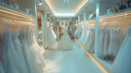 A collection of stunning wedding dresses showcases diverse styles and intricate designs in a well-lit bridal boutique