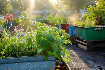 A peaceful, early morning setting in a community garden, where recycled containers and materials are ingeniously used to grow a variety of plants and flowers - obrazy, fototapety, plakaty