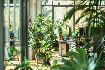 Fototapeta na wymiar Eco-friendly office space filled with lush green plants, creating an inviting and natural atmosphere for creative work