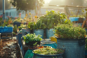 A peaceful, early morning setting in a community garden, where recycled containers and materials are ingeniously used to grow a variety of plants and flowers