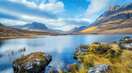 Obraz premium Beautiful northern valley and the lake with mountain hills near the big rocky stones with blue sky and clouds on sunny day