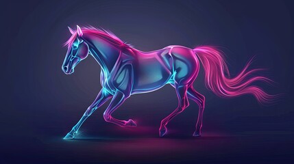 Volumetric figure of a horse with glowing neon light outline. The hoofed animal is running fast. Illustration for cover, card, postcard, interior design, banner, poster, brochure or presentation.