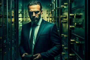 Fototapeta premium Serious bank employee in individual safe deposit boxes room in the bank's vault room, greenish light