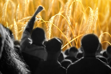 Farmers protest concept. Crowd of people on wheat background. Farmers' protests in Europe and world