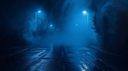
In a dark street, wet asphalt glistens with reflections of rays dancing in the water. The scene is enveloped in an abstract dark blue background, with wisps of smoke  - obrazy, fototapety, plakaty