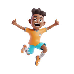 3D rendering cute cartoon character man playing football jumping happily on transparent background PNG