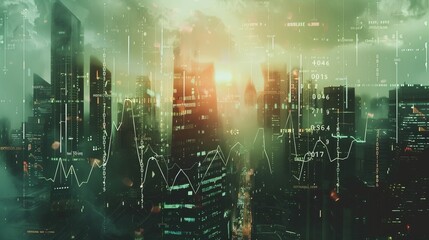 
A double exposure image combines business charts with the financial district of a bustling metropolis city. In this captivating composition, intricate financial data overlays the towering skyscrapers